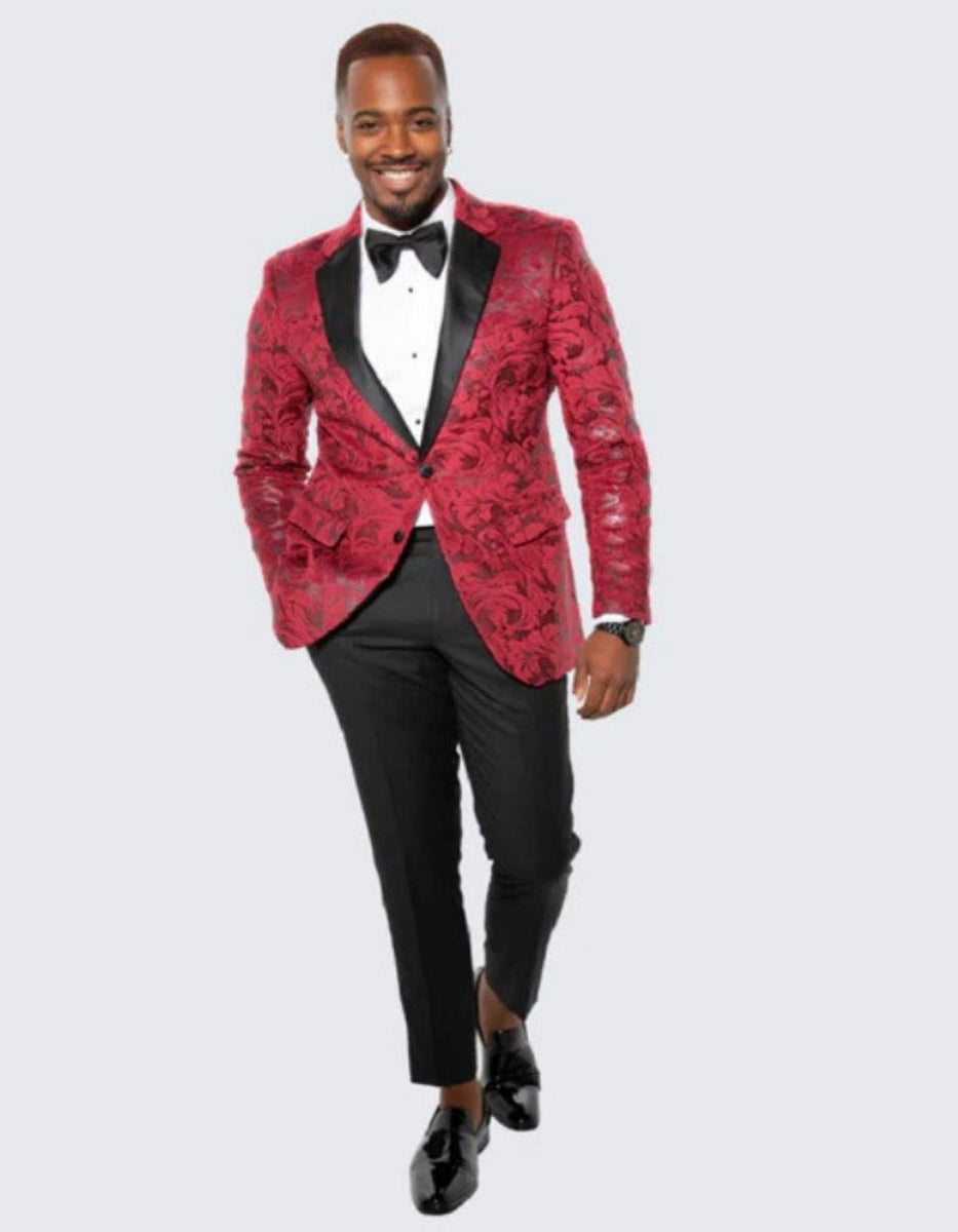 Mens Slim Fit Shawl Label Vested Paisley Wedding Tuxedo in Red main image 1