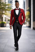 Men's One Button Slim Fit Shiny Paisely Floral Vested Prom Tuxedo In Red