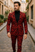 Mens Red and Black Floral Brocade Tuxedo Suit – Two Piece Slim Fit Set