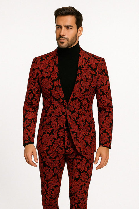 Mens Red and Black Floral Brocade Tuxedo Suit – Two Piece Slim Fit Set