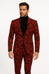 Mens Red and Black Floral Brocade Tuxedo Suit – Two Piece Slim Fit Set