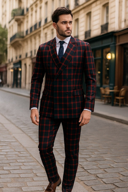 Mens Red and Black Plaid Double-Breasted Suit – Slim Fit Checkered 2 Piece Formal Business Outfit