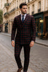 Mens Red and Black Plaid Double-Breasted Suit – Slim Fit Checkered 2 Piece Formal Business Outfit
