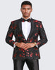 Red and Black Tuxedo Jacket One Button Floral Pattern Slim Fit - Wedding - Prom