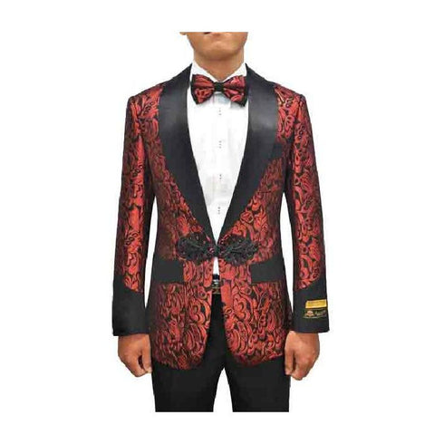 Red Black Alberto Nardoni One Button Floral Pattern Tuxedo