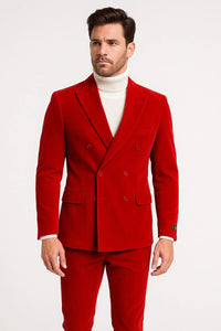 Mens Slim Fit Red Velvet Double Breasted Suits with Peak Lapel – Formal Tuxedo Style