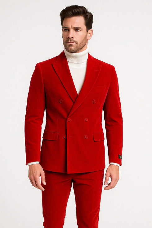 Mens Slim Fit Red Velvet Double Breasted Suits with Peak Lapel – Formal Tuxedo Style