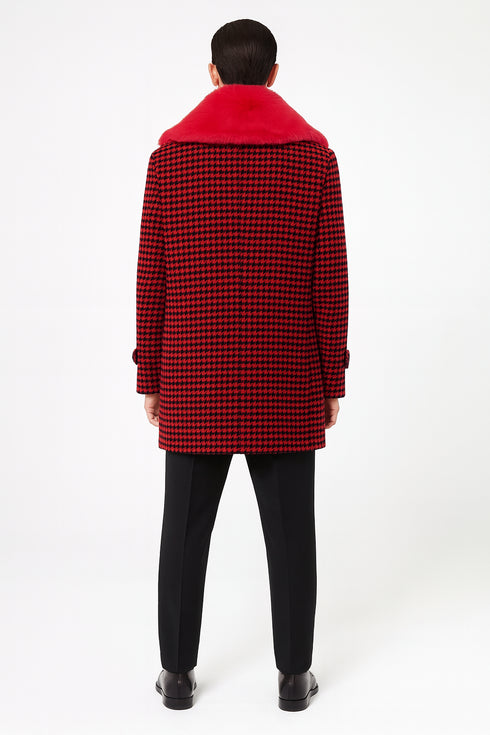 Men’s Red and Black Houndstooth Overcoat with Faux Fur Shawl Collar – Luxury Double-Breasted Winter Coat