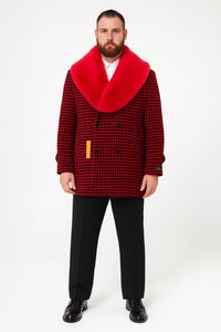 Men’s Red and Black Houndstooth Overcoat with Faux Fur Shawl Collar – Luxury Double-Breasted Winter Coat