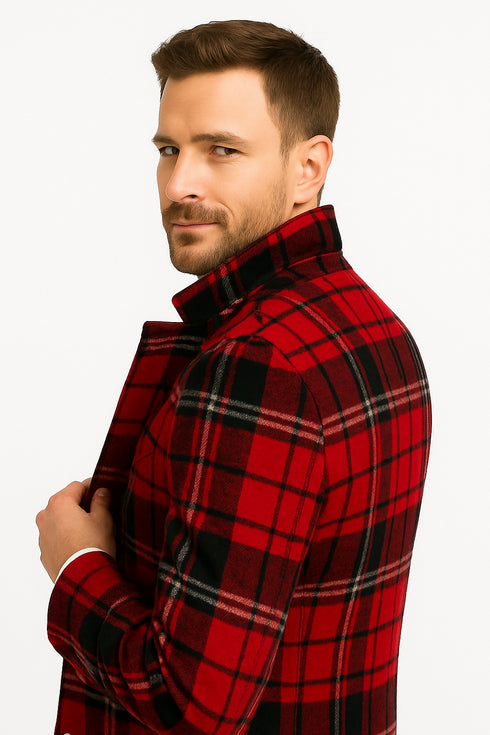 Mens Red and Black Plaid Wool Overcoat – Three Quarter Carcoat - Christmas Coat - Red Peacoat