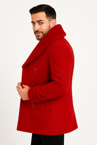 Mens Peacoat Color Red Color - Wool Overcoat with Faux Fur Shawl Collar – Double-Breasted Peacoat for Winter