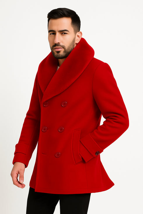 Mens Double Breasted Red Overcoat with Bold Red Faux Fur Collar – Alberto Nardoni Luxury Winter Coat