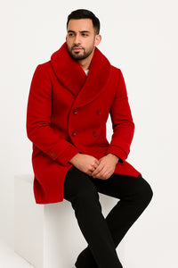 Mens Double Breasted Red Overcoat with Bold Red Faux Fur Collar – Alberto Nardoni Luxury Winter Coat