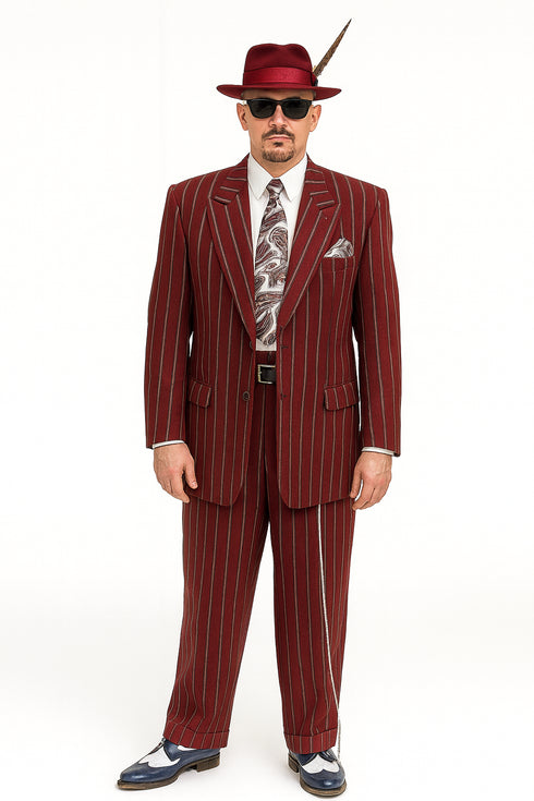Burgundy Pinstripe Zoot Suit – 3 Piece 1920s/1930s Gangster Outfit (Jacket and Pants and Vest)  Vintage Fashion