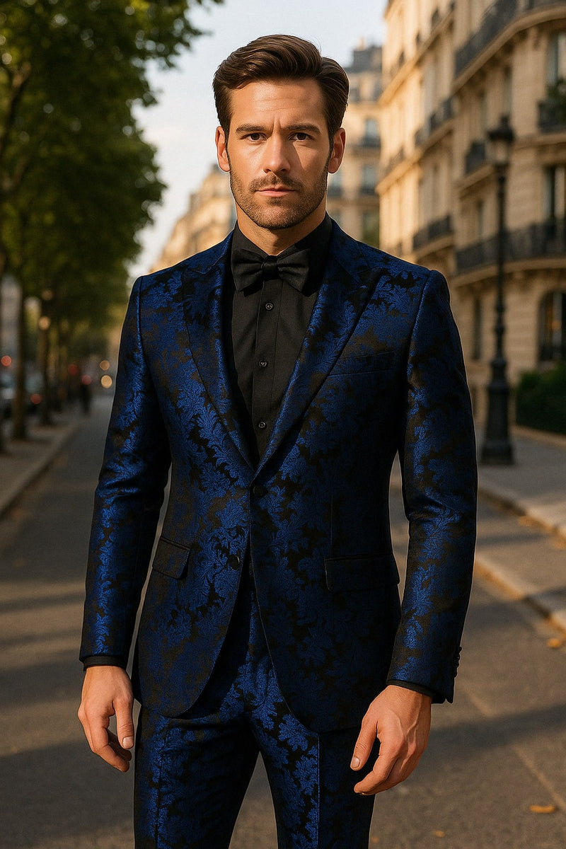 Mens Royal Blue Metallic Floral Suit – Black Background Two Piece