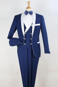 Royal Blue and White Lapel Tuxedo Vested Suit - Shawl Collar Double Breasted Vest