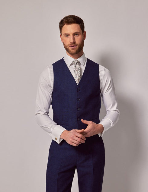 Mens Linen Suit For Beach Wedding - Summer Suit in Royal Blue Herringbone