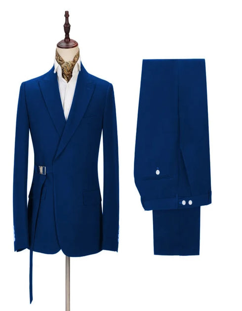 Latest Royal Blue Men's Casual Suit Online Peak Lapel Buckle Button Groomsmen Suit
