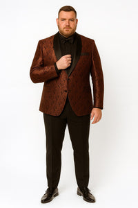 Mens Rust Copper Brick Color Paisley Tuxedo Jacket Dinner and Wedding Blazer With Black Pants Matching Bowtie