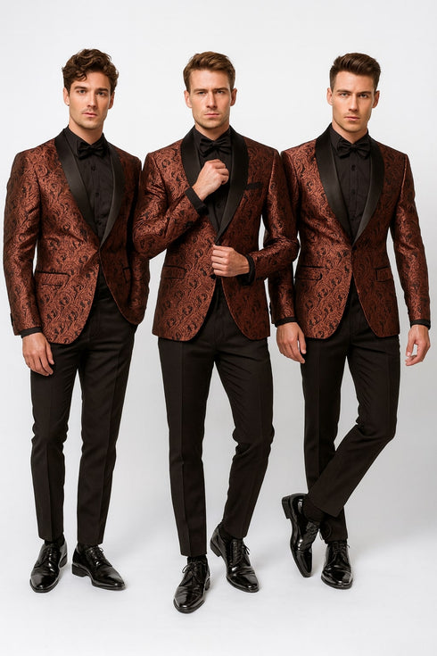 Mens Rust Copper Brick Color Paisley Tuxedo Jacket  Dinner and Wedding Blazer With Black Pants Matching Bowtie