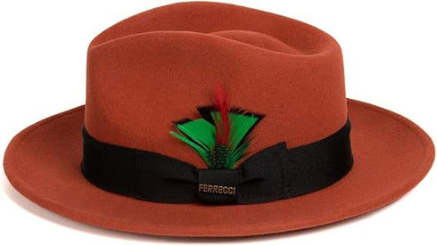 Gangster 100% Austrailian Wool Crushable Mens Fedora Hat - Removable Feather Gangster Rust Mens Fedora Hat