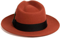 Gangster 100% Australian Wool Crushable Mens Fedora Hat - Removable Feather Gangster Rust Mens Fedora Hat