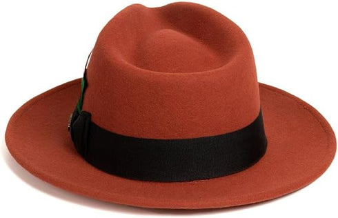 Gangster 100% Austrailian Wool Crushable Mens Fedora Hat - Removable Feather Gangster Rust Mens Fedora Hat