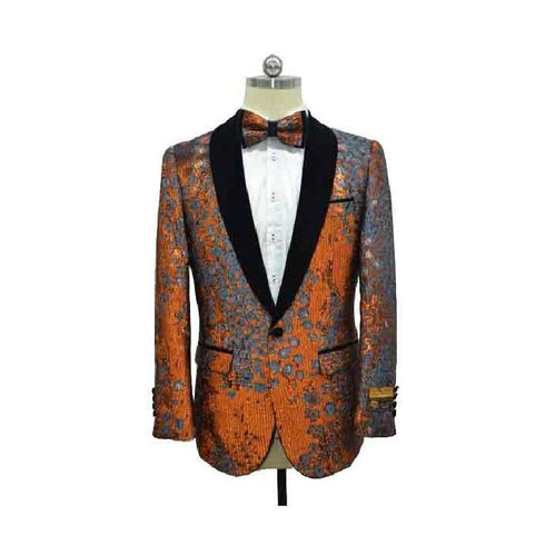 Rust Black Lapel Paisley Floral Tuxedo Sport Coat
