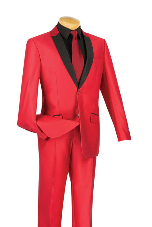 (40S, 42L) Red Slim Fit Shiny Sharkskin Suit