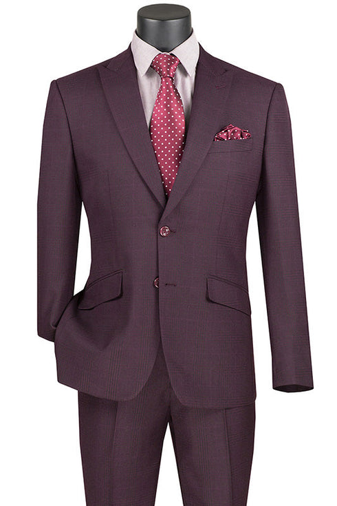 Slim Fit 2 Piece Suit Burgundy Glen Plaid Pattern Matching Pants
