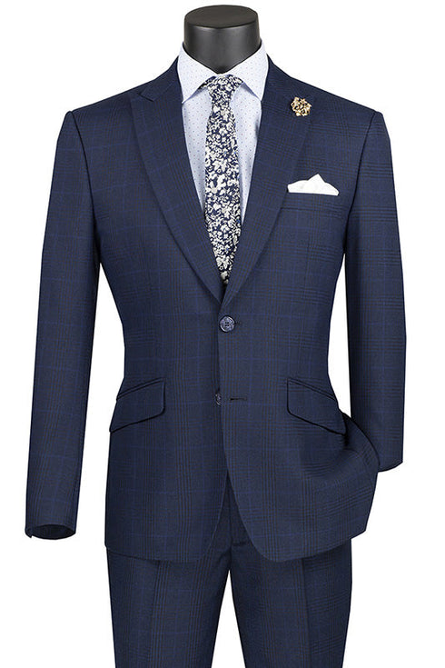 Slim Fit 2 Piece Suit Navy Glen Plaid Pattern Matching Pants