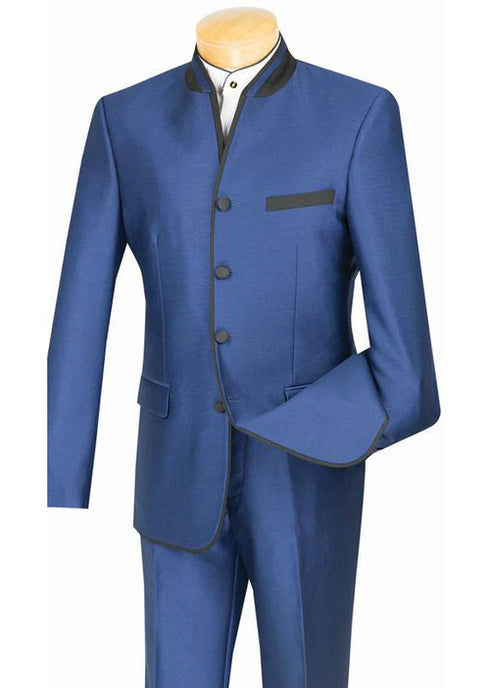 (40S, 42L) Slim Fit Banded Collar Blue Suit