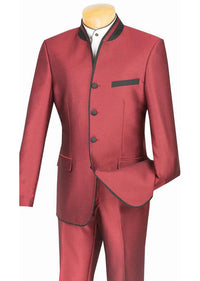 (38R, 40L, 48L) Slim Fit Banded Collar Wine Suit