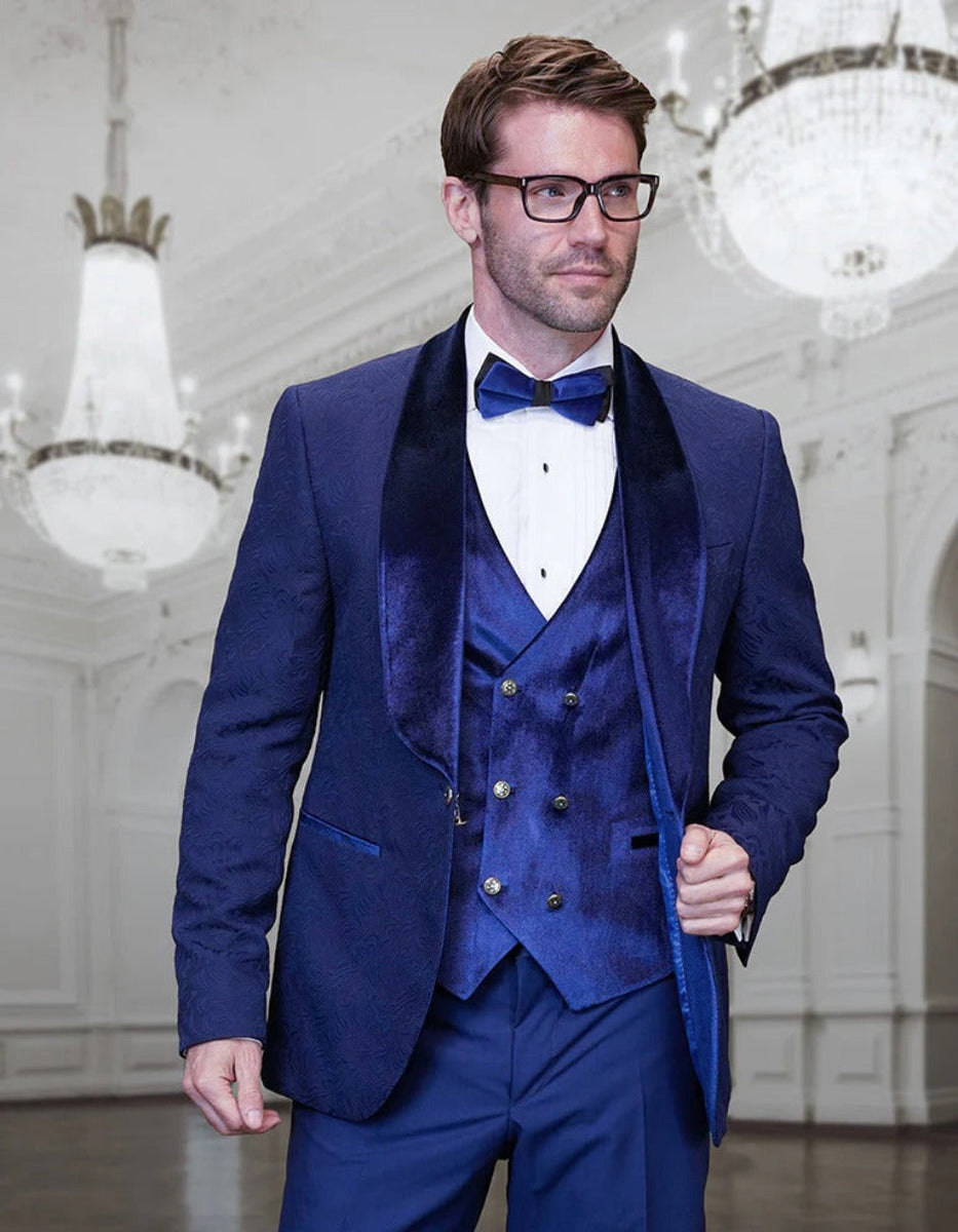 Prom Tuxedo - Wedding Suit - Groom Suit MEN'S SAPPHIRE VELVET SHAWL LAPEL TUXEDO WITH VELVET VEST main image 0