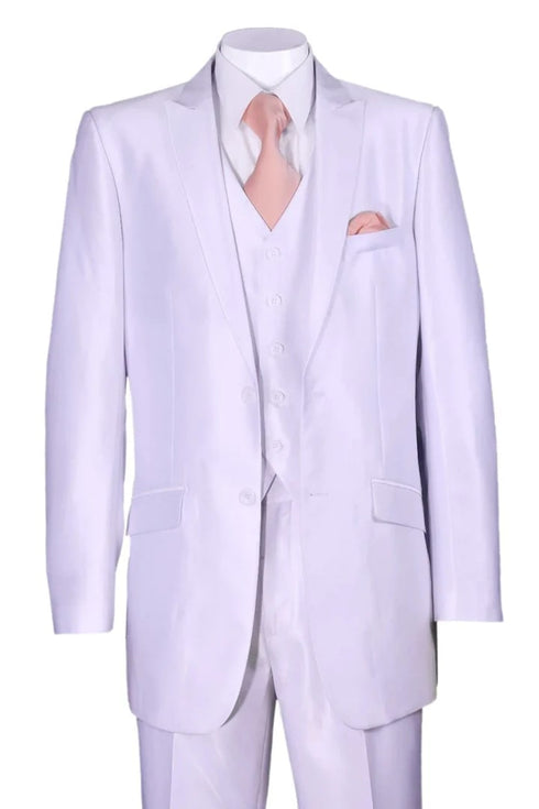 White Wedding Suit For Men - Perfect For Groom - Mens 2 Button Vested Slim Fit Shiny Sharkskin Suit In White