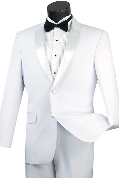 All White Mens Tuxedo - Wedding Suit - Mens 2 Button Slim Fit Notch Tuxedo In White