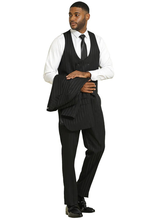 Stacy Adams Modern Fit Black Suit – Vested Tonal Shadow Pinstripe Style
