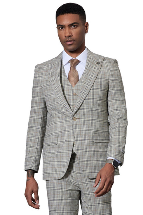 Men's Stacy Adams One Button Peak Lapel Vested Glen Plaid Suit in Grey