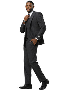 Men's Stacy Adams One Button Peak Lapel Vested Sharkskin Suit in Charcoal
