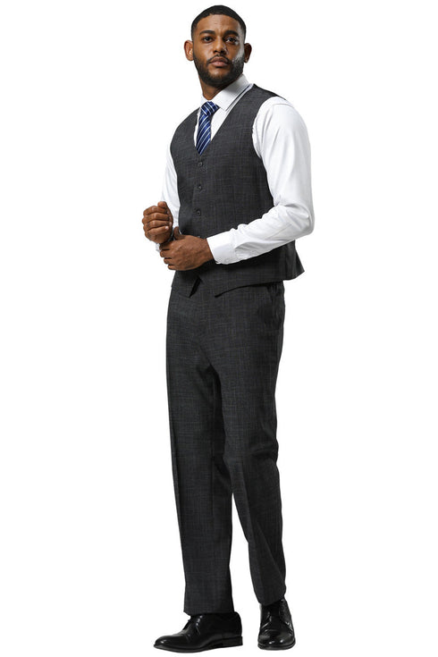 Men's Stacy Adams One Button Peak Lapel Vested Sharkskin Suit in Charcoal