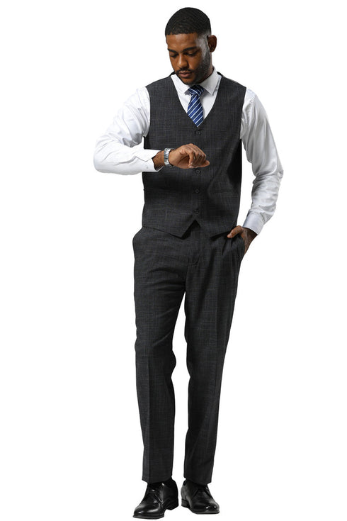 Men's Stacy Adams One Button Peak Lapel Vested Sharkskin Suit in Charcoal