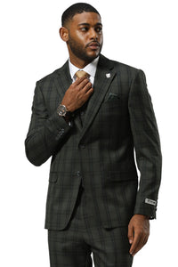 Men's Stacy Adams Modern Fit Vested Suit in Dark Hunter Green Double Windowpane Plaid