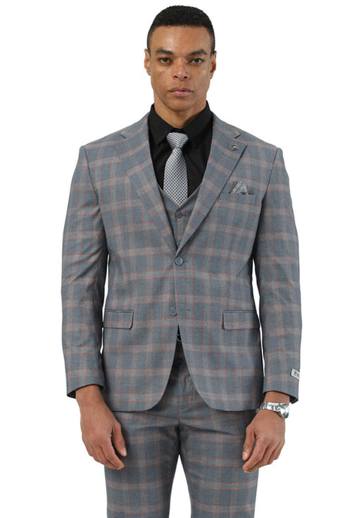 Men's Designer Stacy Adams Vested Glen Plaid Suit in Grey & Orange
