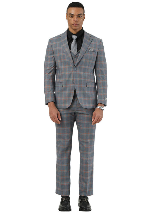 Men's Designer Stacy Adams Vested Glen Plaid Suit in Grey & Orange