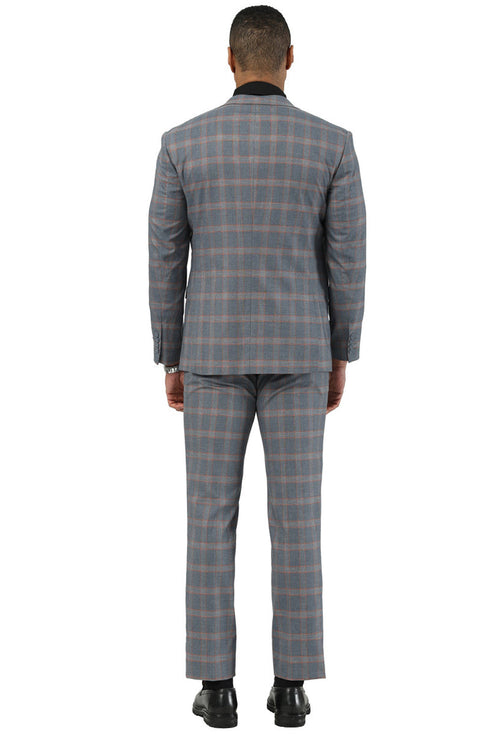 Men's Designer Stacy Adams Vested Glen Plaid Suit in Grey & Orange