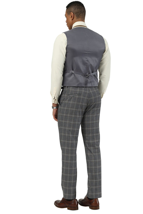 Men's Designer Stacy Adams Vested Glen Plaid Suit in Charcoal & Brown