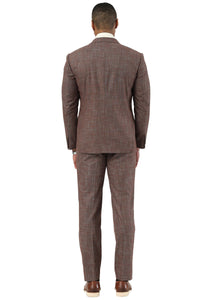 Men's Stacy Adams One Button Peak Lapel Vested Suit in Brown Sharkskin Windowpane