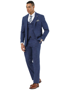 Men's Designer Stacy Adams Vested Suit in Indigo Blue Sharkskin Weave