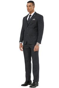 Men's Designer Stacy Adams Vested Suit in Black Sharkskin Weave