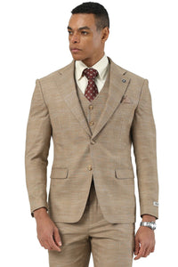 Men's Stacy Adams Vested Sharkskin Pattern Business Suit in Tan